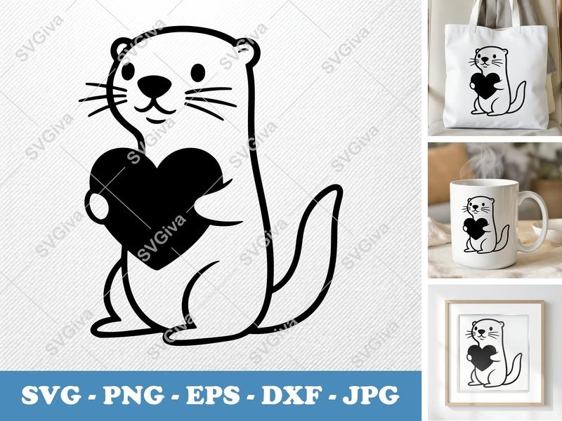 Otter SVG, Cute Heart Love Animal, PNG DXF EPS for Cricut & Silhouette, Valentine Sea Creature Digital File