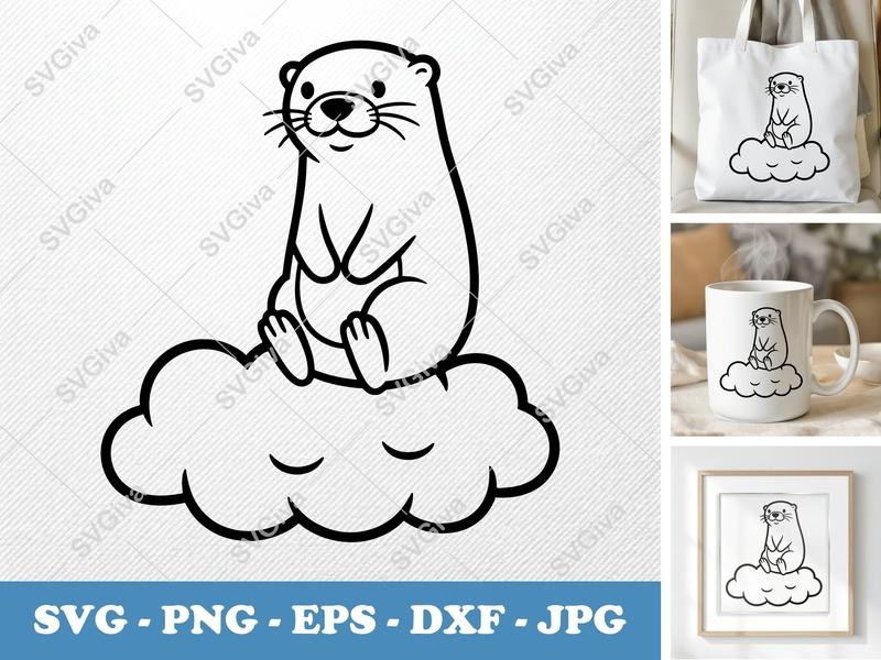 Otter SVG | Cute Otter on Cloud Clipart | Digital Cut File for Cricut, Silhouette | PNG, EPS, DXF | Animal Vector Art