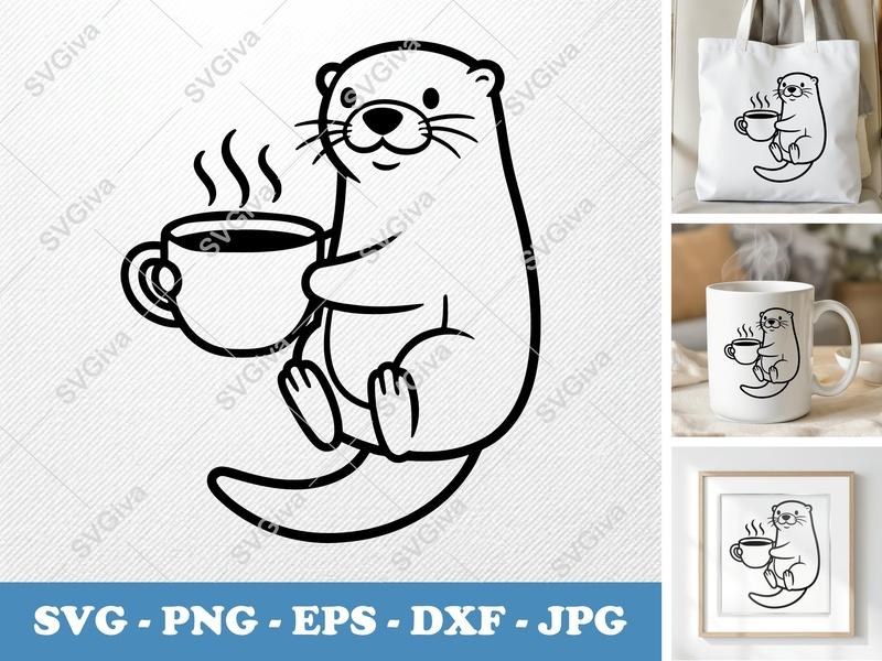 Otter SVG, Cute Otter with Coffee Mug Cut File, Modern Animal Clipart, PNG EPS DXF for Cricut Silhouette