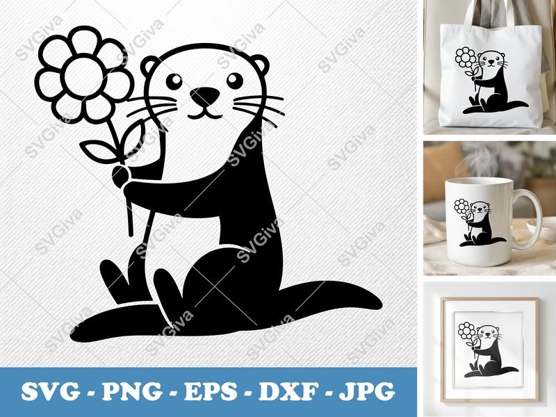 Otter SVG, Cute Otter with Flower, Animal Cut File, Kawaii Sea Otter Clipart, SVG PNG EPS DXF for Cricut Silhouette