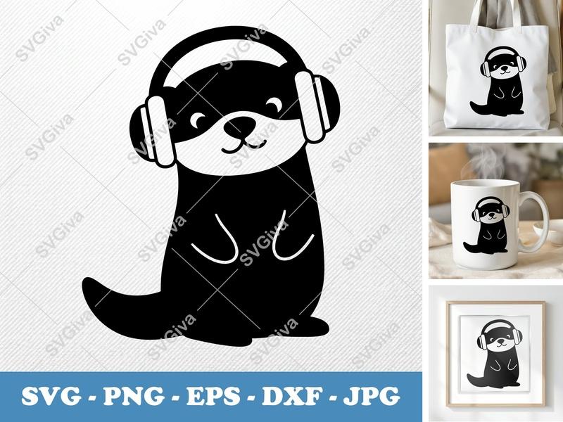 Otter SVG, Cute Otter with Headphones, Music Animal PNG EPS DXF, Cricut Silhouette Cut File, Modern Design Clipart