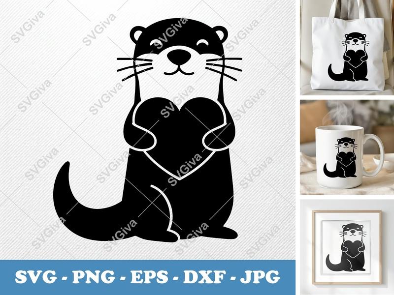 Otter SVG | Cute Otter with Heart Cut File | Modern Animal Clipart | Cricut Silhouette | PNG EPS DXF Vector