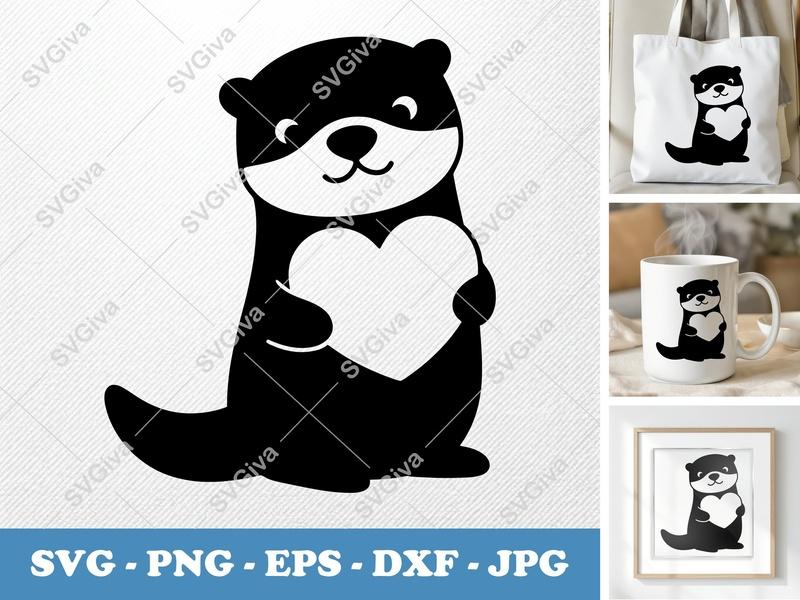 Otter SVG, Cute Otter with Heart, Modern Animal Love Cut File for Cricut, Silhouette | PNG EPS DXF | Valentine's Day