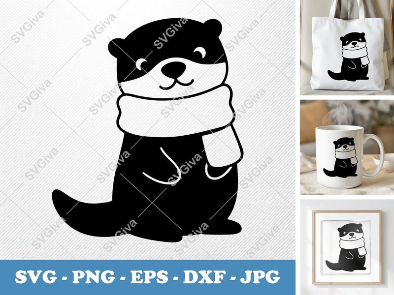 Otter SVG, Cute Scarf Animal Cut File, Kawaii Clipart, PNG EPS DXF for Cricut & Silhouette, Modern Vector Art