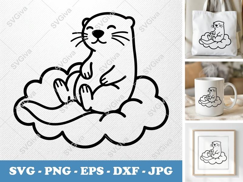 Otter SVG, Cute Smiling Otter on Cloud Cut File | PNG EPS DXF for Cricut & Silhouette, Kawaii Animal Vector Art