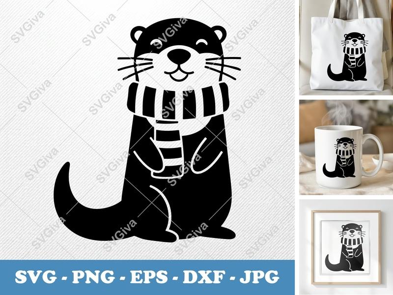 Otter SVG, Cute Smiling Otter with Scarf Cut File | PNG EPS DXF for Cricut & Silhouette, Animal Clipart Vector
