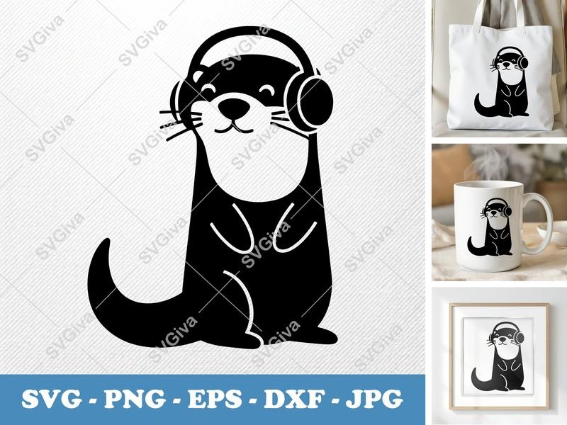 Otter SVG, Headphone DJ Cut File, Cute Animal Vector, Music Lover Design | PNG EPS DXF for Cricut, Silhouette