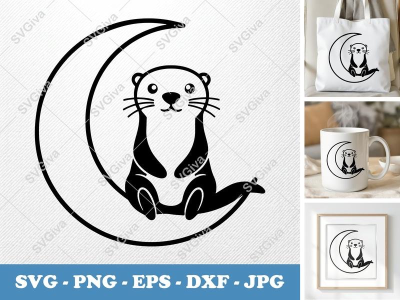 Otter SVG, Moon Crescent Cut File, Cute Animal PNG EPS DXF for Cricut & Silhouette, Baby Nursery Design, Modern Pet Clipart
