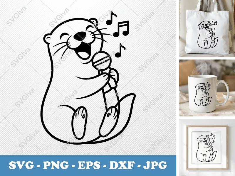 Otter SVG, Singing Cute Animal with Microphone, Music Notes | PNG EPS DXF Cut File for Cricut, Silhouette, Vector Clipart