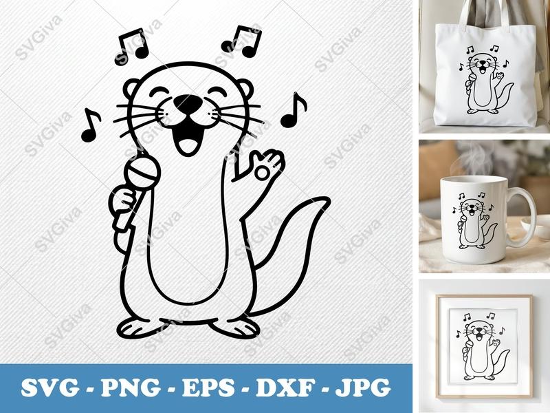 Otter SVG, Singing with Microphone, Music Notes | PNG EPS DXF for Cricut, Silhouette | Cute Animal Cut File, Cartoon Design