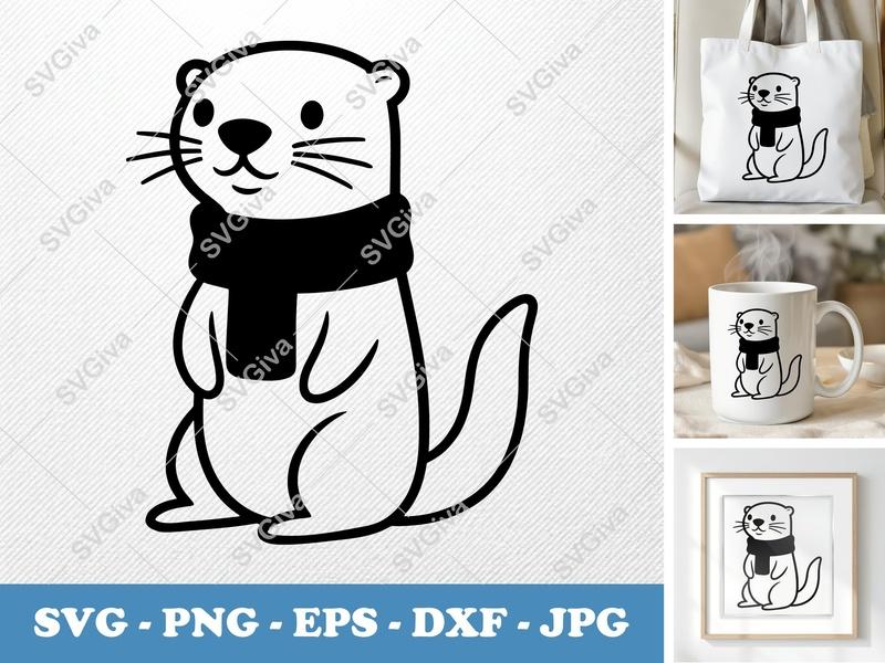 Otter SVG, Standing Otter with Scarf, Cute Animal Clip Art, PNG EPS DXF for Cricut, Silhouette, Winter Design