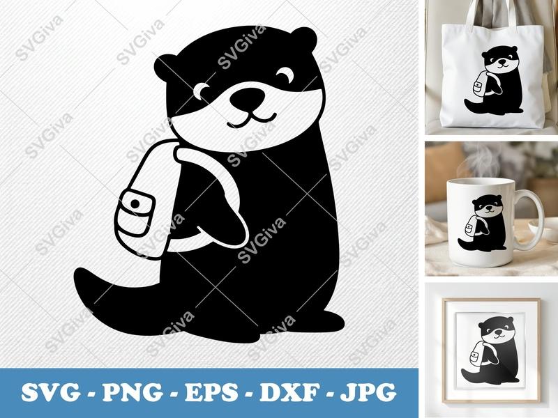 Otter SVG with Backpack | Cute Black & White Animal Cut File for Cricut, Silhouette | PNG EPS DXF Vector Art