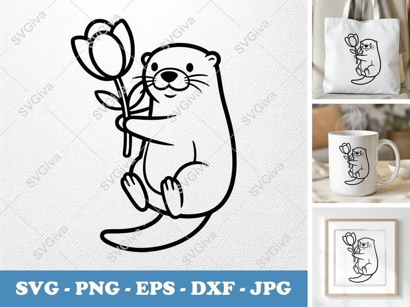 Otter SVG with Flower | Cute Animal Clipart | PNG EPS DXF for Cricut, Silhouette | Modern Cut File Design