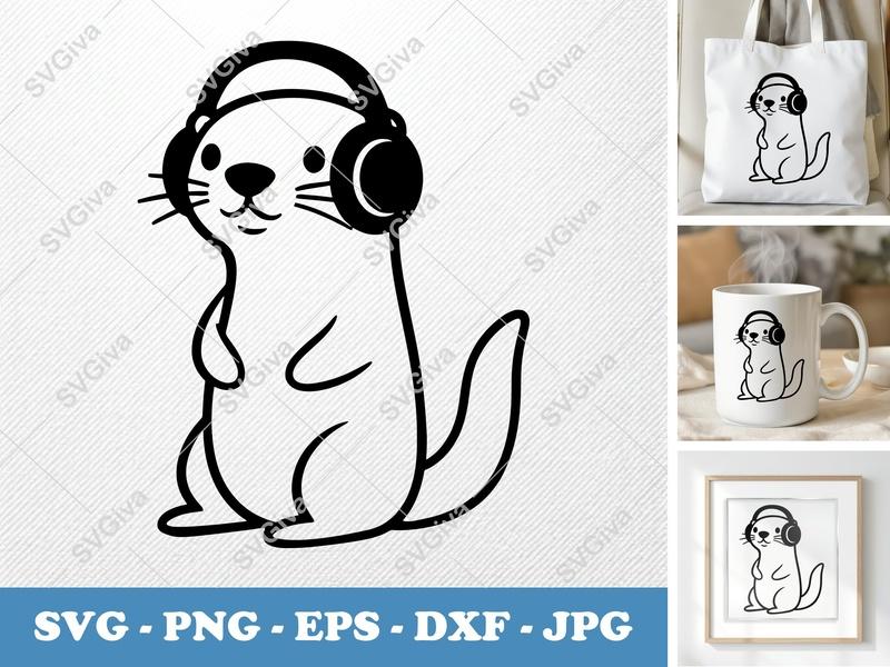Otter SVG with Headphones | Cute Animal Cut File | PNG EPS DXF for Cricut, Silhouette | Modern Design