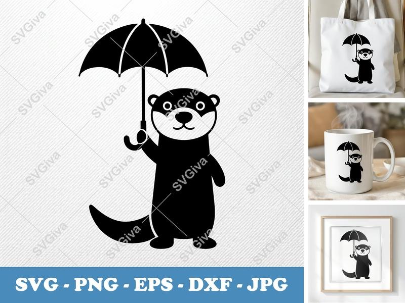 Otter SVG with Umbrella, Cute Animal Cut File, PNG EPS DXF for Cricut & Silhouette, Rainy Day Clipart, Modern Vector Design