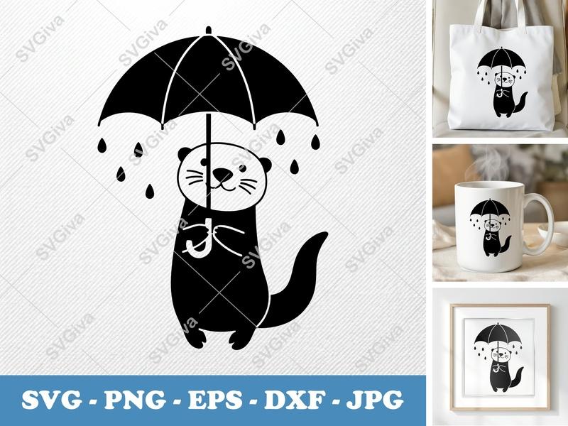 Otter SVG with Umbrella, Modern Black & White Raindrop Clipart, PNG EPS DXF for Cricut & Silhouette