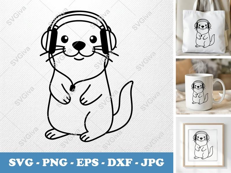 Otter Wearing Headphones SVG | Rounded Bean-Shaped Cut File | Cricut Silhouette | PNG DXF EPS Vector