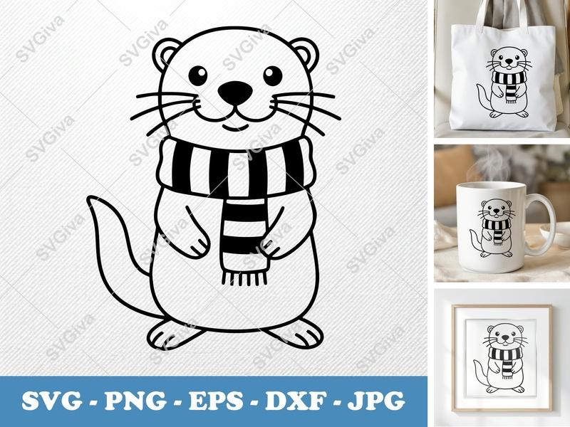 Otter Wearing Scarf SVG, Friendly Bean-Shaped Cut File | PNG DXF EPS | Cricut Silhouette Design