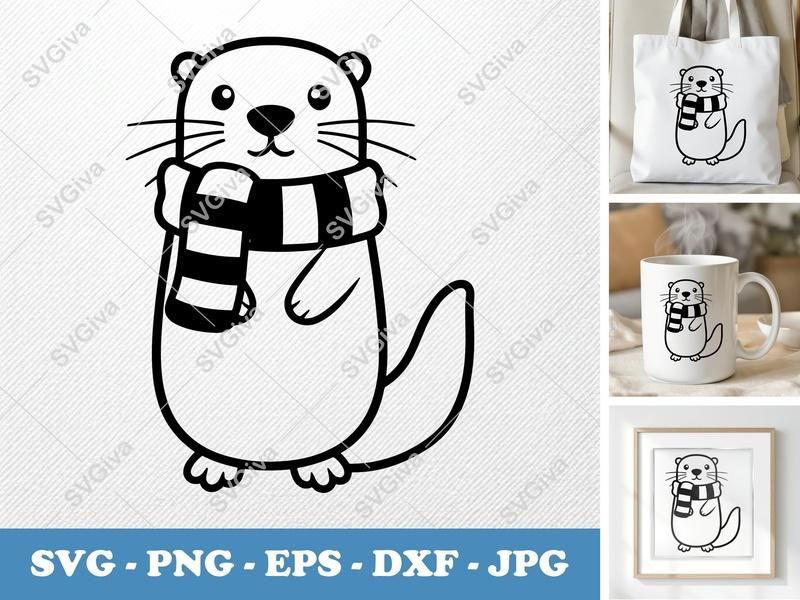 Otter Wearing Scarf SVG | Puffy Soft Forms PNG DXF EPS | Cricut Silhouette | Cute Animal Vector