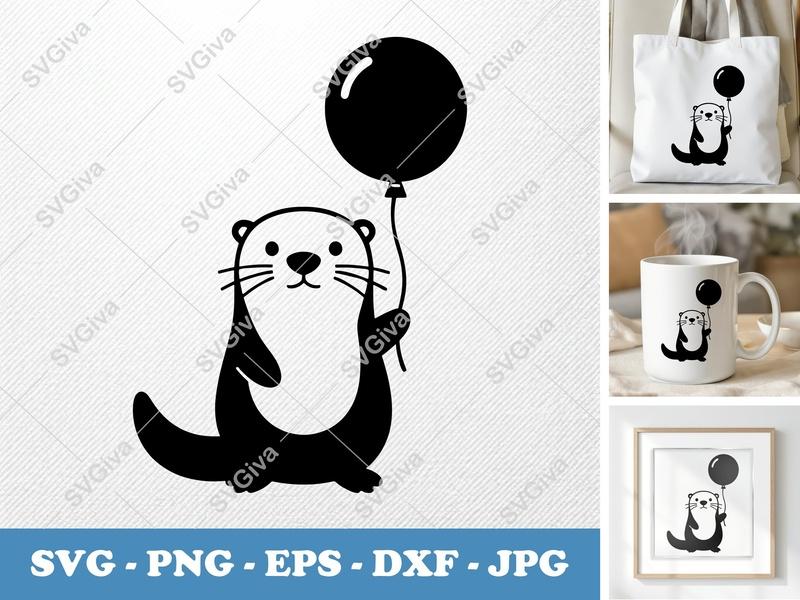 Otter with Balloon SVG, Cute Animal Cut File | PNG EPS DXF for Cricut, Silhouette | Modern Kids Design