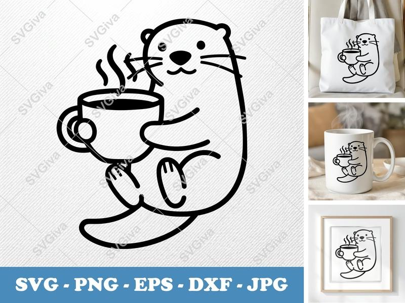 Otter with Coffee Cup SVG | Friendly Rounded Body Bean Shape | PNG DXF EPS | Cricut Silhouette File