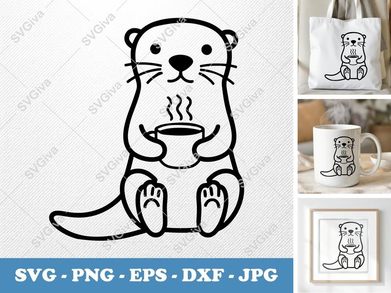 Otter with Coffee Cup SVG | Minimalist Bold Contour PNG DXF EPS | Cricut Silhouette File