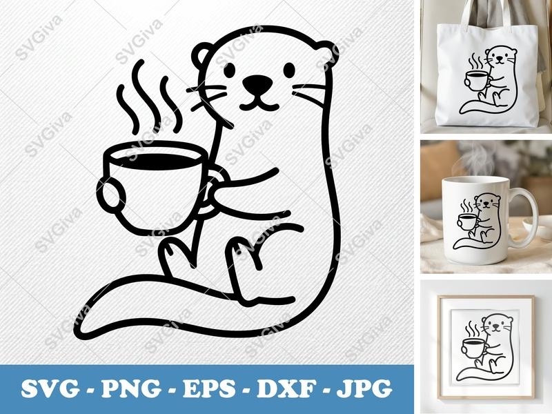 Otter with Coffee Cup SVG | Puffy Soft Forms | PNG DXF EPS | Cricut Silhouette File