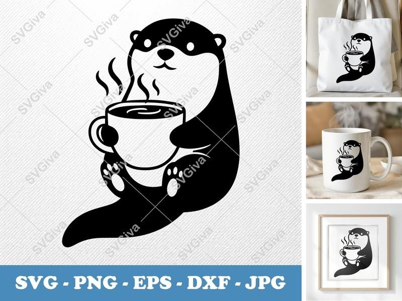 Otter with Coffee Cup SVG | Puffy Soft Shapes | Inflated Pillow-Soft Design | PNG DXF EPS | Cricut Silhouette File