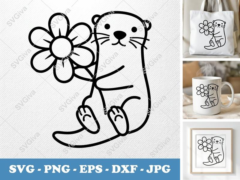 Otter with Flower SVG | Bold Contour Minimalist Cut File | PNG DXF EPS for Cricut Silhouette