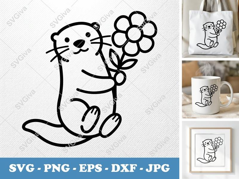 Otter with Flower SVG | Friendly Bean-Shaped Cut File | PNG DXF EPS | Cricut Silhouette Design