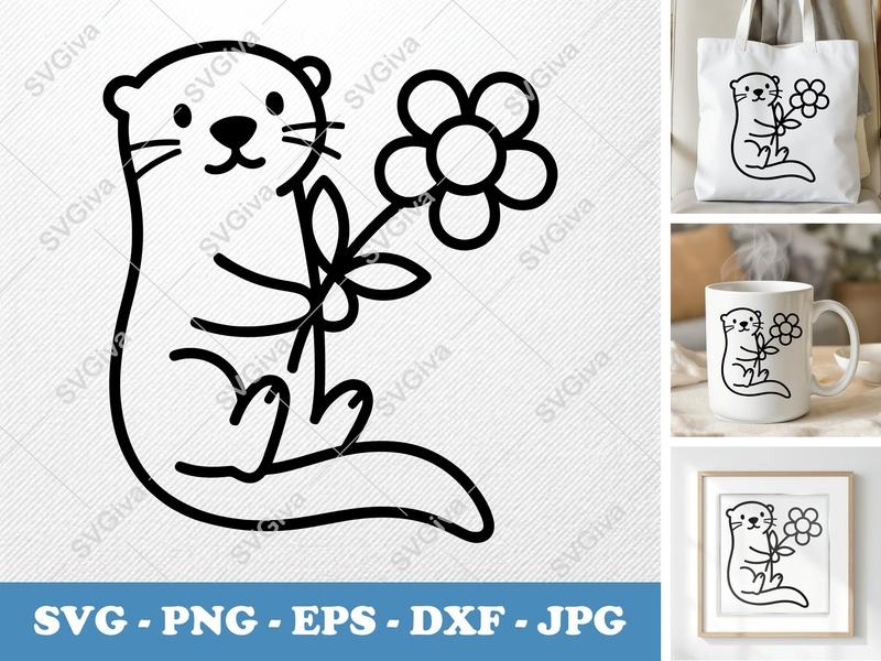 Otter with Flower SVG | Puffy Shapes Cut File | Cricut Silhouette | PNG DXF EPS