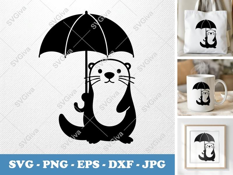 Otter with Umbrella SVG, Cute Animal Cut File, Kawaii Clipart, PNG EPS DXF for Cricut & Silhouette, Digital Download