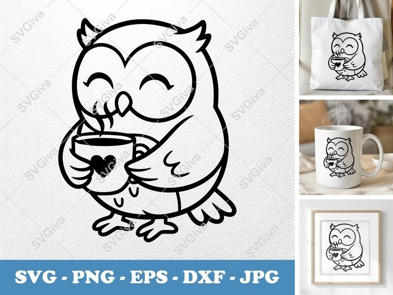 Owl Coffee SVG, Cute Owl Mug Design, Modern Clean Line Art | PNG EPS DXF for Cricut & Silhouette