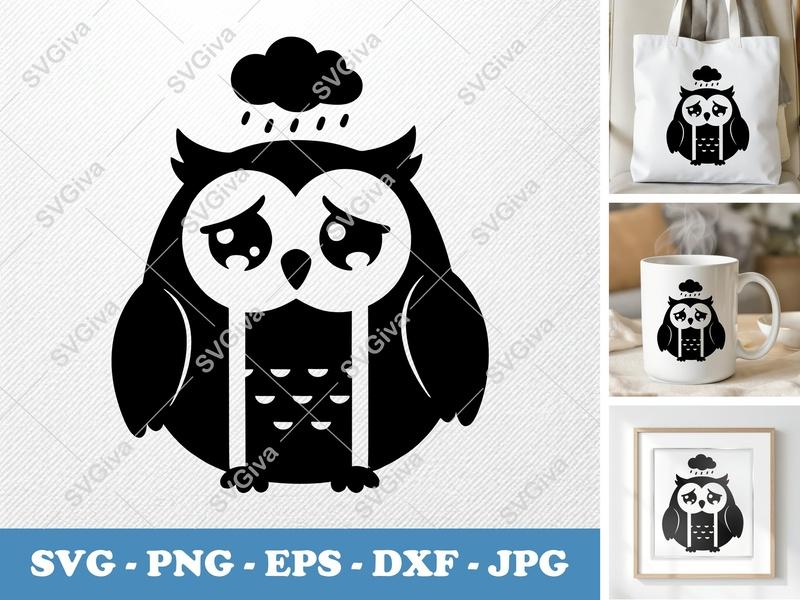 Owl Crying Raining Cloud SVG | Sad Bird Clipart | Modern Clean Design | PNG EPS DXF for Cricut Silhouette