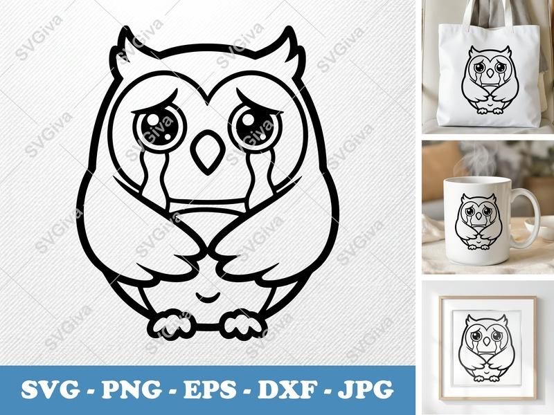 Owl Crying SVG | Rounded Friendly Bean-Shaped Cut File | PNG DXF EPS | Cricut Silhouette