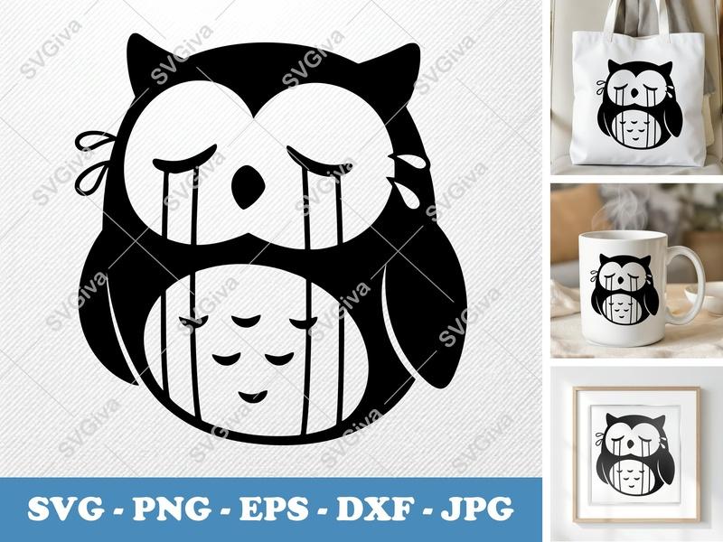 Owl Crying SVG | Sad Owl Cut File | Modern Design, Tears, Emotion | PNG EPS DXF for Cricut, Silhouette, Digital Download