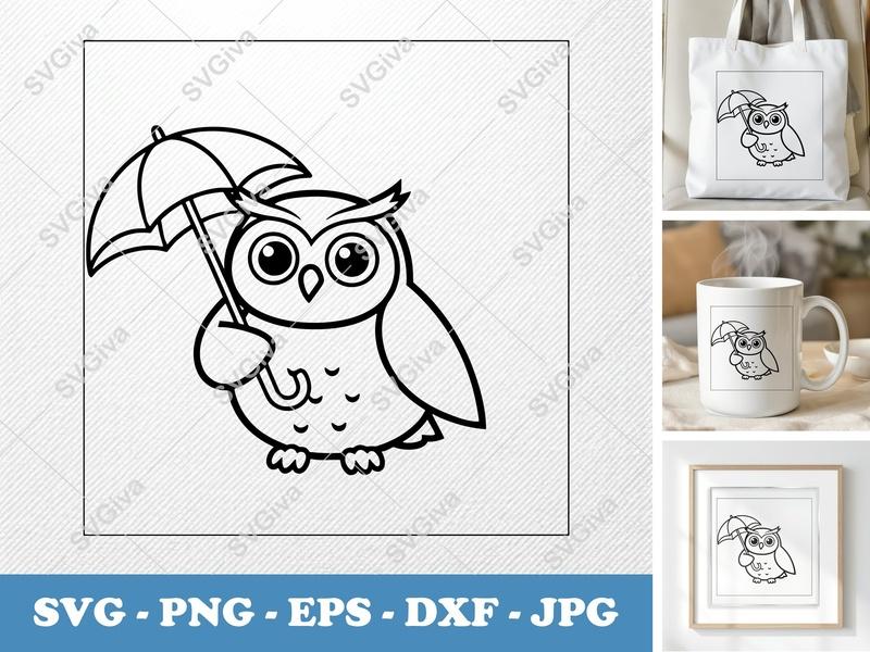 Owl Holding Umbrella SVG | Friendly Rounded Body Bean-Shaped Forms | PNG DXF EPS for Cricut Silhouette