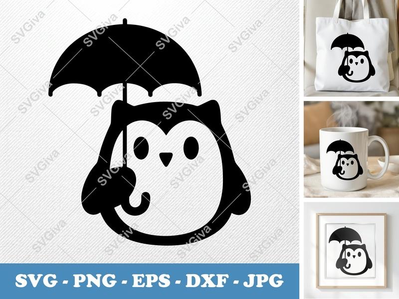 Owl holding umbrella SVG | Puffy Soft Shapes | SVG PNG DXF EPS | Cricut Silhouette File