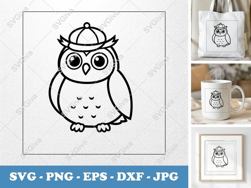 Owl in a Cap SVG | Friendly Rounded Body Bean-Shaped Cut File | PNG DXF EPS | Cricut Silhouette