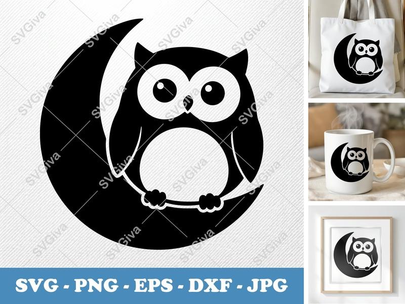 Owl on Moon SVG, Cute Night Hoot | PNG EPS DXF Cut File for Cricut & Silhouette, Modern Nursery Clipart, Digital Download