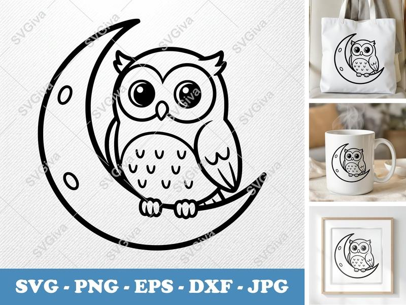 Owl on Moon SVG, Cute Owl PNG, EPS, DXF | Baby Owl Cut File for Cricut & Silhouette, Nursery Decor Vector