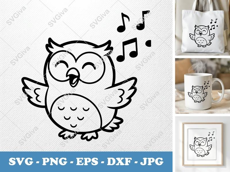 Owl Singing SVG | Cute Music Notes PNG EPS DXF | Happy Animal Clipart for Cricut & Silhouette | Outline Line Art Vector