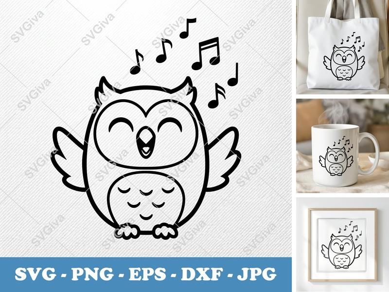 Owl Singing SVG | Friendly Bean-Shaped Design | Rounded Body Cut File | PNG DXF EPS for Cricut Silhouette