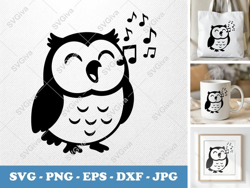Owl Singing SVG PNG DXF EPS | Music Animal Cut File for Cricut Silhouette | Puffy Soft Shape Design