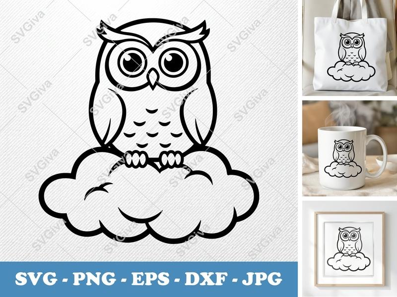 Owl Sitting on Cloud SVG | Friendly Rounded Body Bean-Shaped Cut File | PNG DXF EPS for Cricut Silhouette