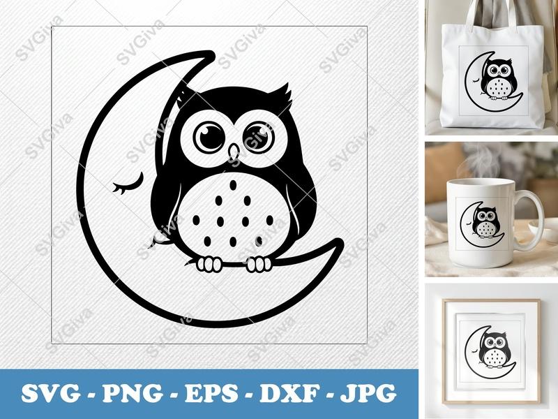 Owl Sitting on Moon SVG | Puffy Soft Forms | PNG DXF EPS | Cricut Silhouette File
