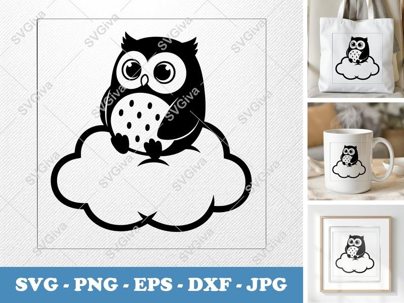 Owl Sitting SVG | Puffy Cloud Art | Inflated Pillow-Soft Design | PNG DXF EPS | Cricut Silhouette File
