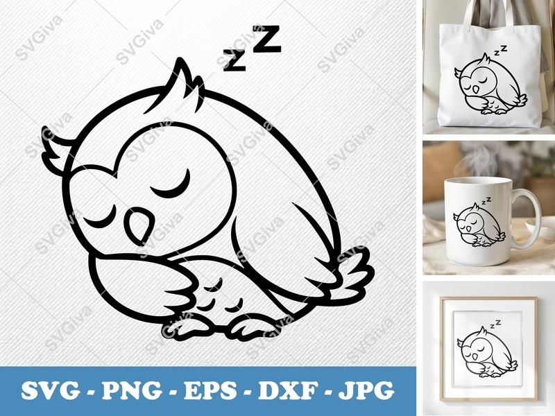Owl Sleeping SVG | Cute Napping Bird Cut File | Modern Animal Line Art | PNG EPS DXF for Cricut, Silhouette, Decal