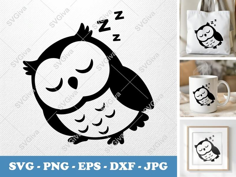 Owl Sleeping SVG | Cute Sleeping Owl Cut File | PNG DXF EPS for Cricut Silhouette