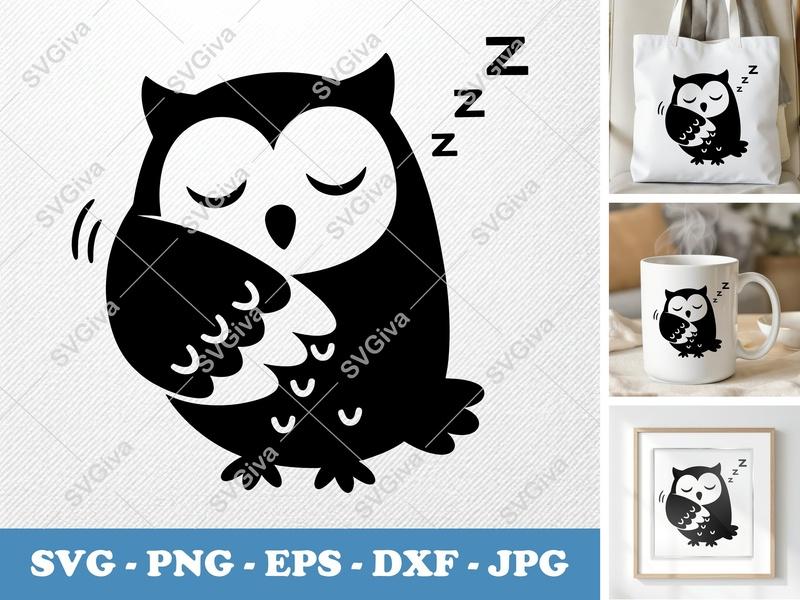 Owl Sleeping SVG PNG DXF EPS | Cute Owl Cut File for Cricut Silhouette | Cartoon Animal Vector
